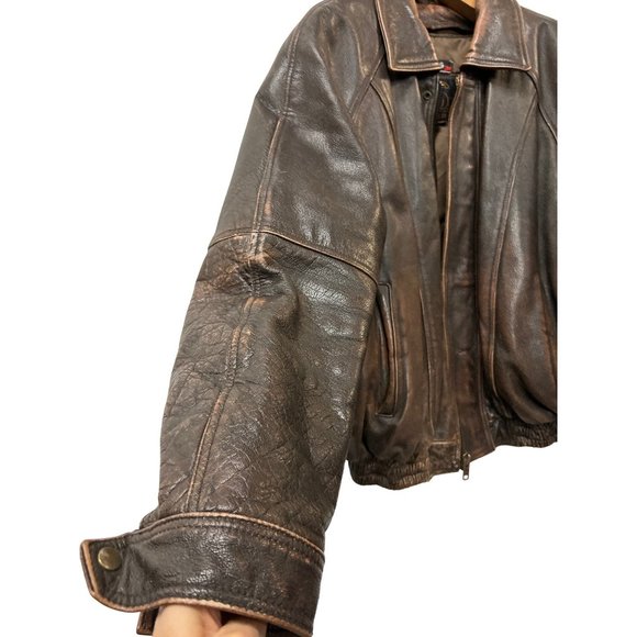 Vintage Leather King Motorcycle Jacket Brown Leather Bomber Biker Coat XL - Picture 2 of 12